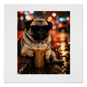 Poster Cadeau drôle de Bouledogue buvant du café glacé po