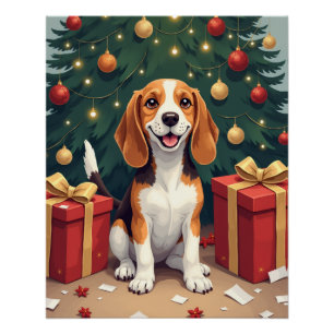 Poster Cadeau du matin de Noël Beagle - Peinture de débal