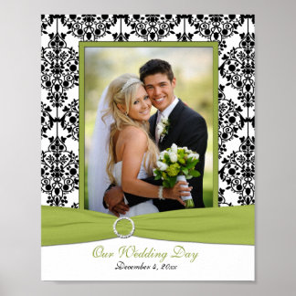 Poster Cadre photo vert, blanc et noir Damas Insérer