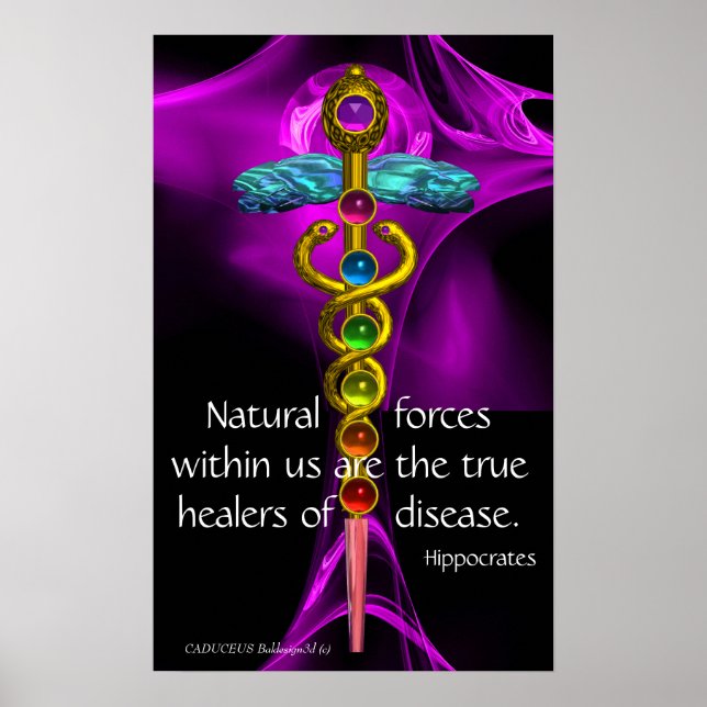 Poster CADUCUS D'OR, 7 CHAKRAS, VIOLET ROSE Médicale, Yog (Devant)