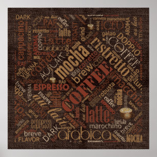 Poster Café sur Burlap Word Cloud Brown ID283