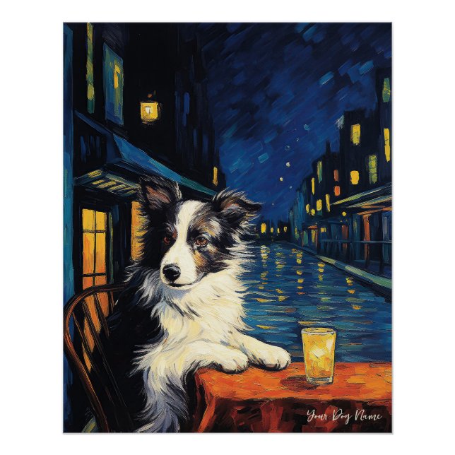 Poster Cafe Terrace at Night - Border Collie Dog 003 - Qi (Devant)