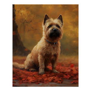 Poster Cairn Terrier dans les feuilles d'automne qui tomb