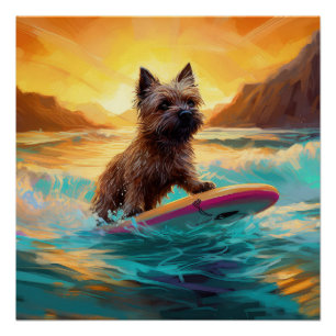 Poster Cairn Terrier Plage Surf Peinture