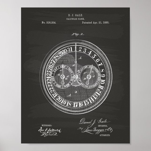 Poster Calender Clock 1885 Brevet Art Chalkboard (Devant)