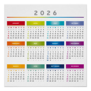 Poster Calendrier coloré 2026 - Couleurs arc-en-ciel 3 co