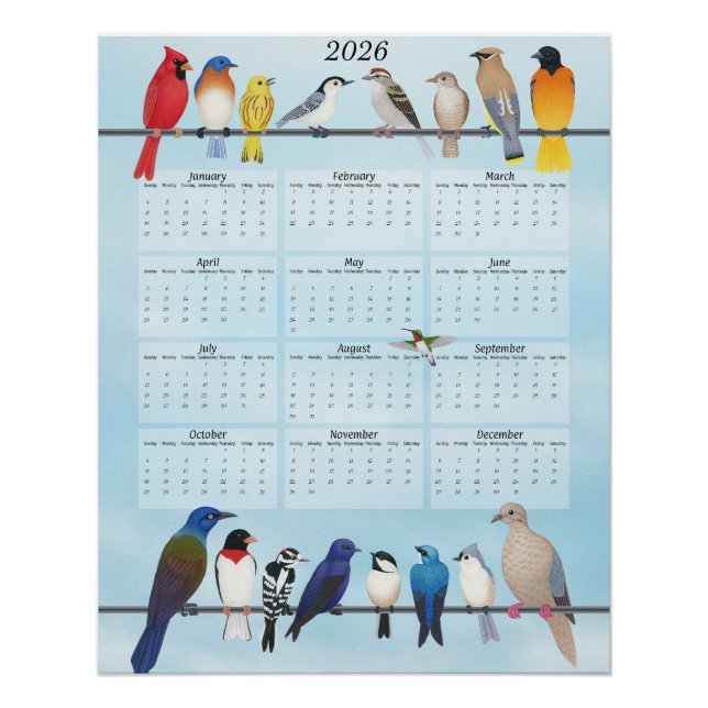 Poster Calendrier des oiseaux jardins 2026 (Devant)