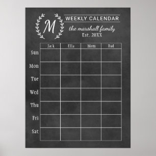 Poster Calendrier hebdomadaire familial à monogramme sur 