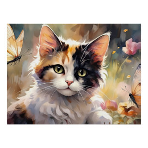Poster Calico Cat et Papillons dans le jardin de printemp