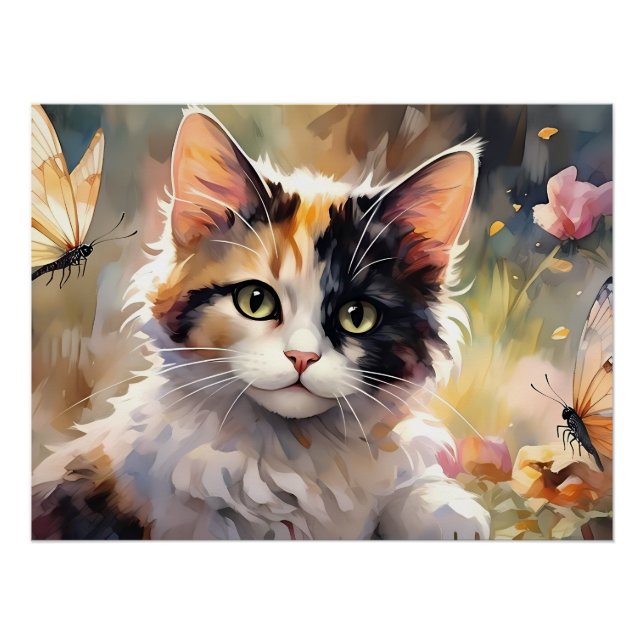 Poster Calico Cat et Papillons dans le jardin de printemp (Devant)