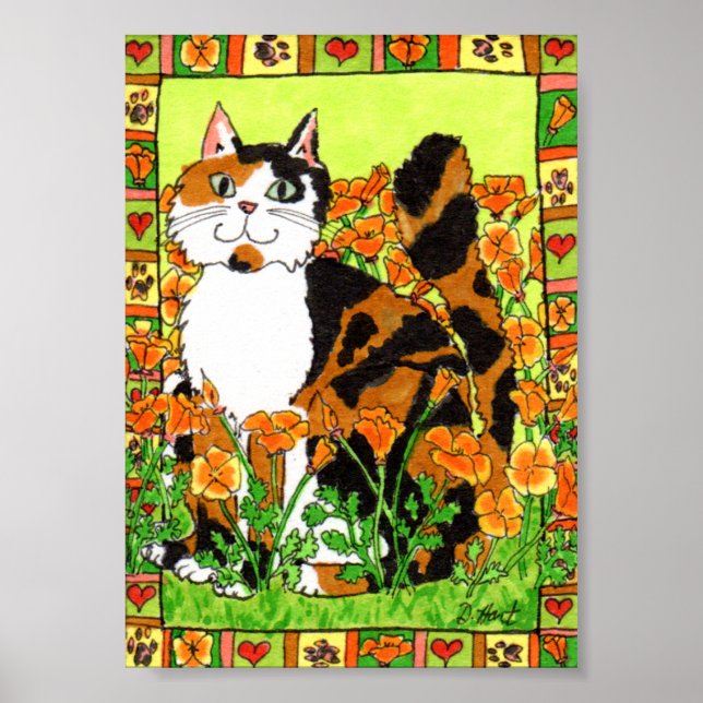 Poster Calico Chat avec California Poppies Folk Art (Devant)