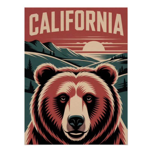 Poster California Bear & Mountain Sunset - Vintage Golden (Devant)