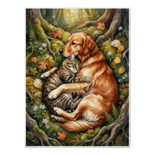 Poster Câlins de chien et de chat Forêt Compagnonnage de