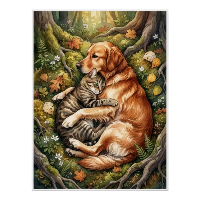 Poster Câlins de chien et de chat Forêt Compagnonnage de  (Devant)