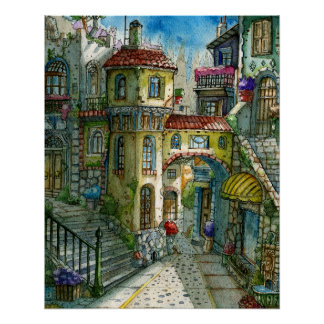 Poster Callejón de Cuento de Hadas en Acuarela 