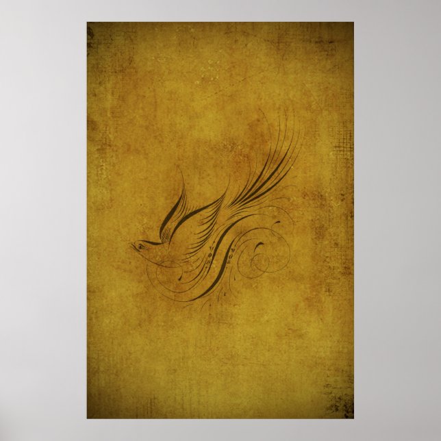 Poster Calligraphie d'oiseau vintage sur fond doré (Devant)