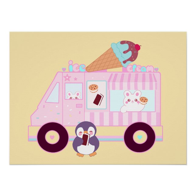 Poster Camion De Crème De Glace De Lapin Bleu Et Rose (Devant)