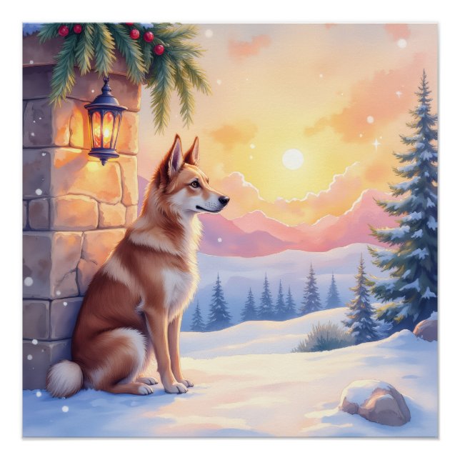 Poster Canaan Dog Desert Stone Winter Christmas Art (Devant)