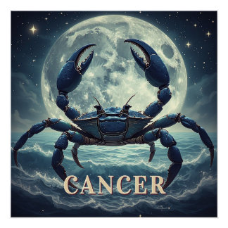 Poster Cancer Zodiaque Crabe Bleu Océan au Clair de Lune