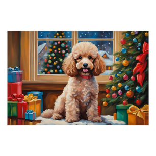 Poster Caniche de Noël avec des présents et arbre de Noël