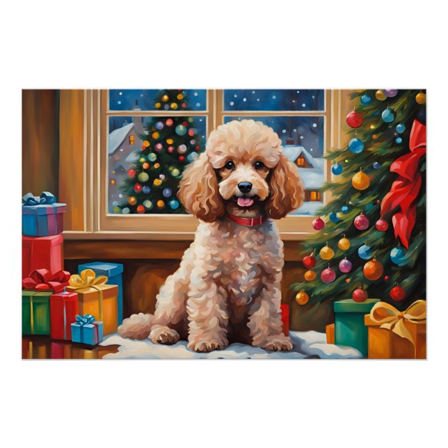 Poster Caniche de Noël avec des présents et arbre de Noël (Devant)