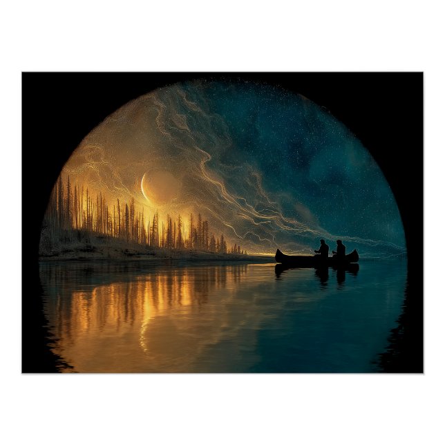 Poster Canoë et lune de croissant sur un lac (Devant)