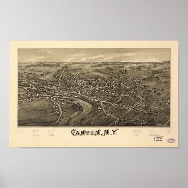 Poster Canton New York 1885 Antique carte panoramique (Devant)