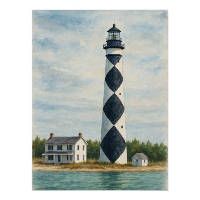 Poster Cape Lookout Lighthouse Watercolor (Devant)