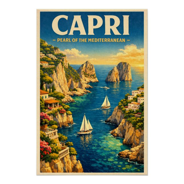 Poster Capri, Italy, in a classic retro travel (Devant)