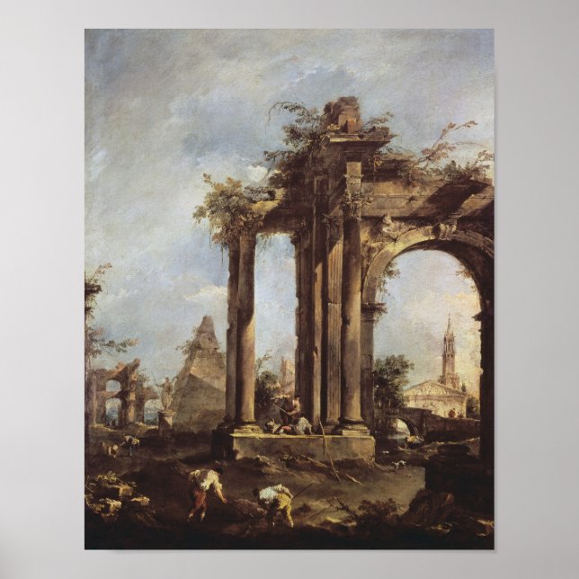 Poster Capriccio avec ruines romaines, Pyramide et (Devant)