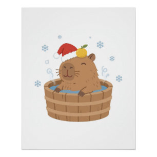 Poster Capybara Noël Onsen Chapeau de Père Noël