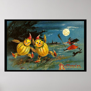 Poster Caractères et sorcière de citrouille de Halloween