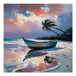 Poster Caraïbes Barque au Coucher du Soleil