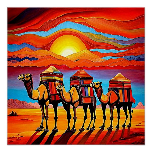 Poster Caravane de Camel du désert au coucher du soleil 1 (Devant)