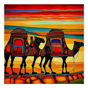 Poster Caravane de Camel du désert au coucher du soleil 5