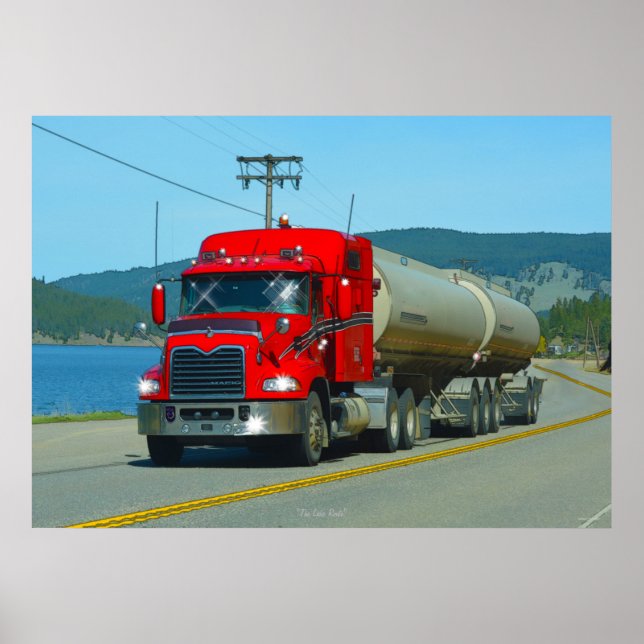Poster Carburant rouge Truck & Lake Driving Art Imprimer (Devant)