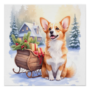 Poster Cardigan Welsh Corgi Traîneau de Fête Art de Noël