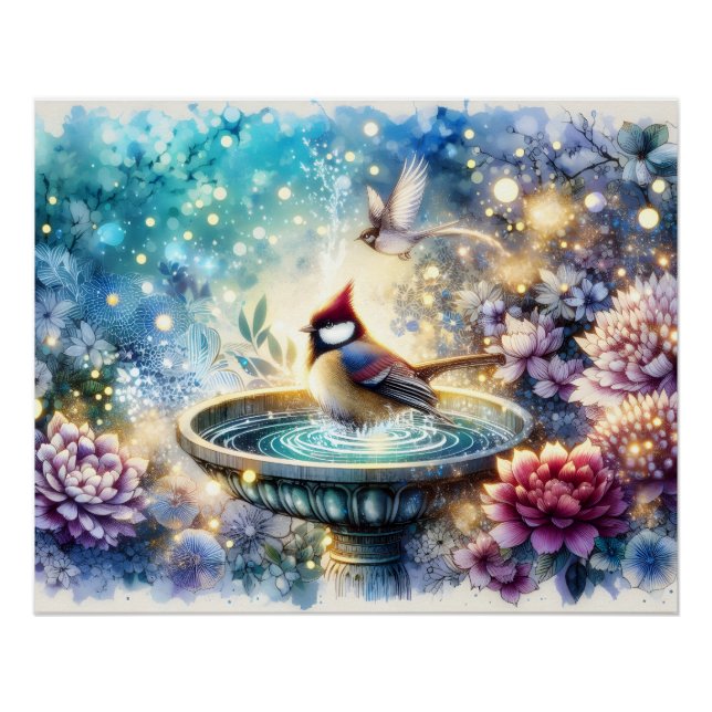 Poster Cardinal au bain d'oiseaux Jardin rêveur (Devant)