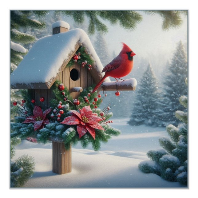 Poster Cardinal d'hiver sur une maison d'oiseaux festive (Devant)