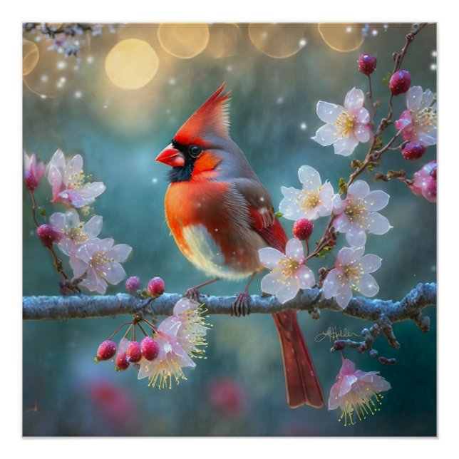 Poster Cardinal masculin en fleurs de cerisiers au clair  (Devant)