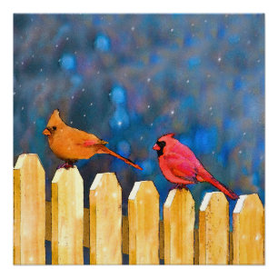 Poster Cardinals on the Fence Painting - Art original