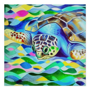 Poster Caretta Caretta Tortue Mignonne Et Art Coloré