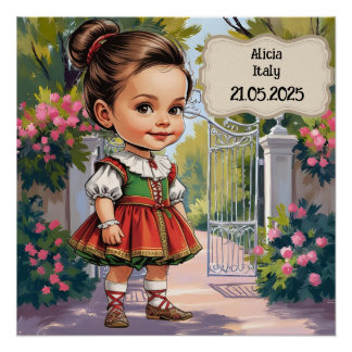 Poster Caricature Girl dressed up  in Vintage Italian