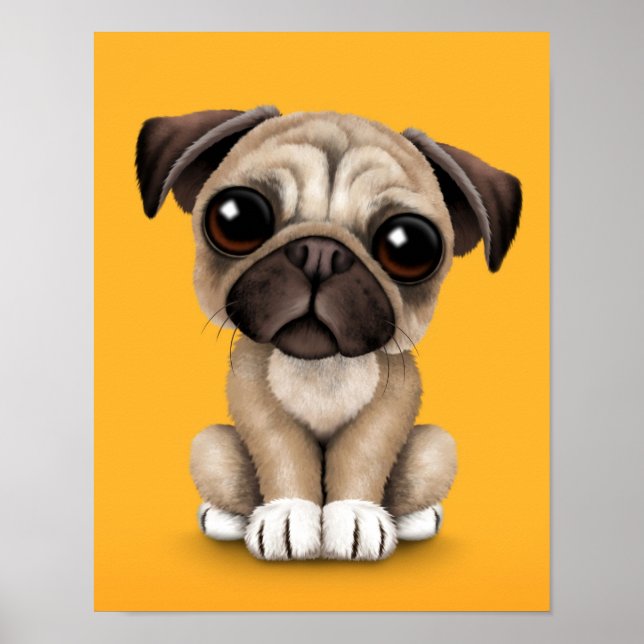 Poster Carlin bébé mignon Chien chiot sur Jaune (Devant)
