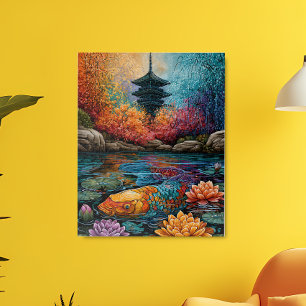 Poster Carpeaux de Koi Arc-en-Ciel Jardin de Pagode Japon