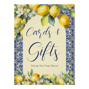 Poster Carreaux bleu italien & citron baby shower cartes 