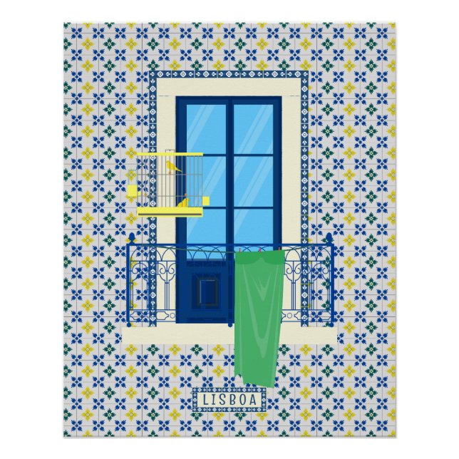Poster Carrelage portugais et balcon de fenêtre avec oise (Devant)