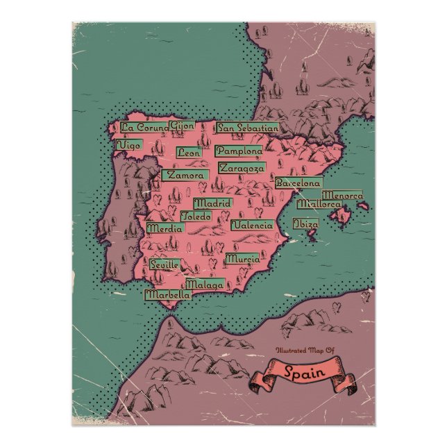 Poster Carte ancienne vintage d'Espagne (Devant)