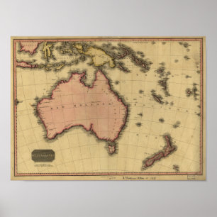Poster Carte antique de l'Australie et de la Nouvelle-Zél