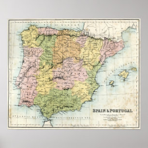 Poster Carte antique de l'Espagne et du Portugal